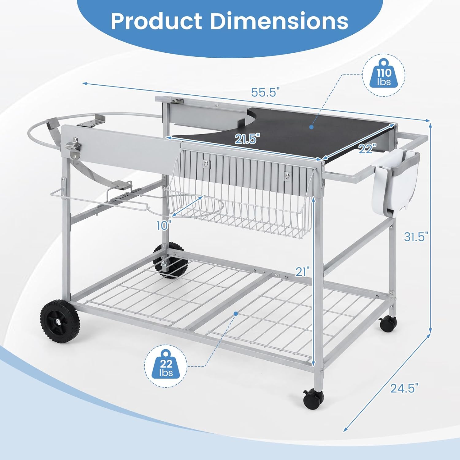 HAPPYGRILL Outdoor Grill Table for 18'& 22' Weber Original Kettle, Movable BBQ Grill Cart w/Wire Rack, Seasoning Rack & Garbage Can, Prep Kitchen Island w/Storage for Backyard Camping Picnic