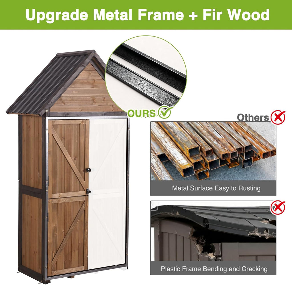 Sheds Outdoor Storage, Wooden Garden Shed with All Around Strong Metal Frame, Large Tool Shed with Floor and Adjustable Shelves, for Backyard Garden Patio Lawn(Brown)