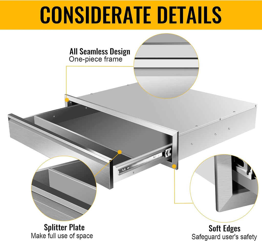Outdoor Kitchen Drawers, 30W x 6.5H x 23D Inch Stainless Steel Flush Mount BBQ Single Drawer for Outdoor Kitchen Island, or Patio Grill Station