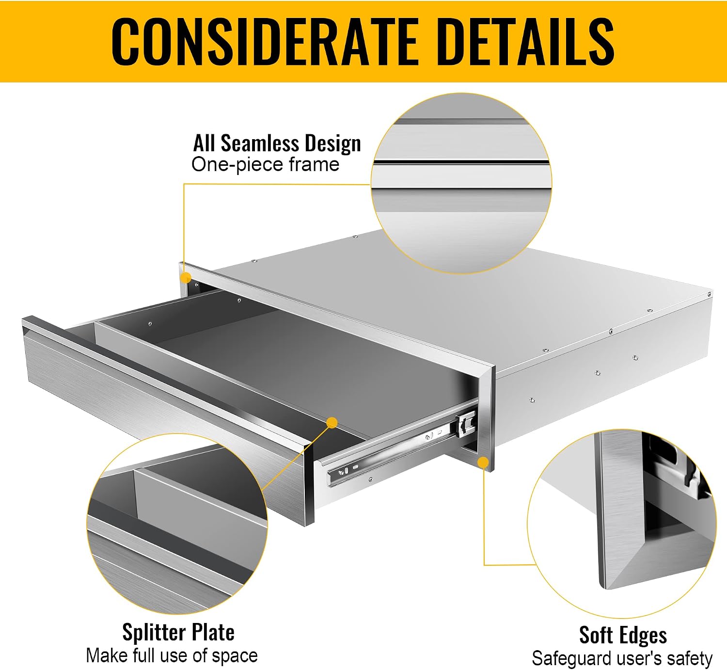 Outdoor Kitchen Drawers, 30W x 6.5H x 23D Inch Stainless Steel Flush Mount BBQ Single Drawer for Outdoor Kitchen Island, or Patio Grill Station