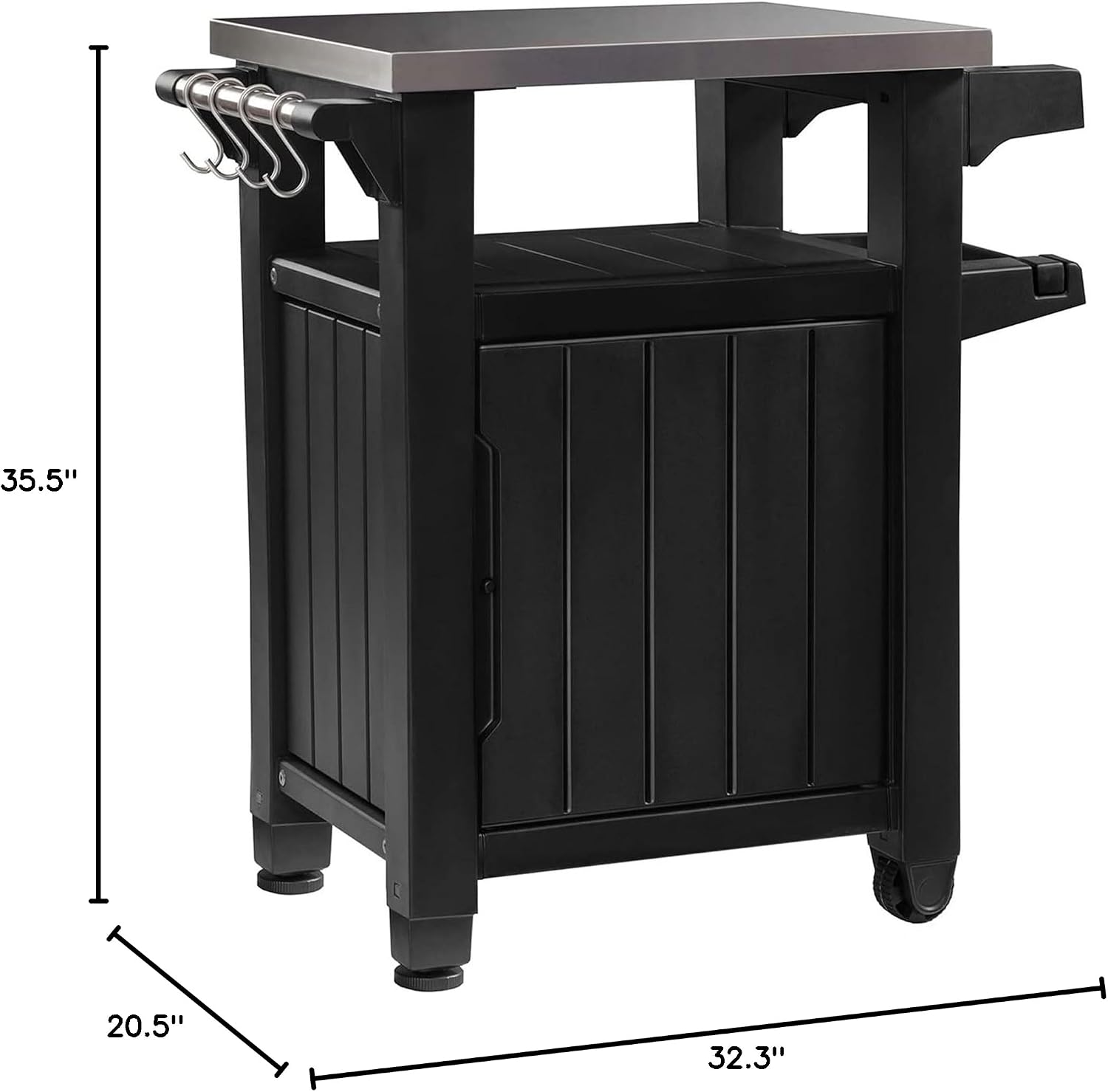 Keter Unity Portable Outdoor Table and Storage Cabinet with Hooks for Grill Accessories-Stainless Steel Top for Patio Kitchen Island or Bar Cart