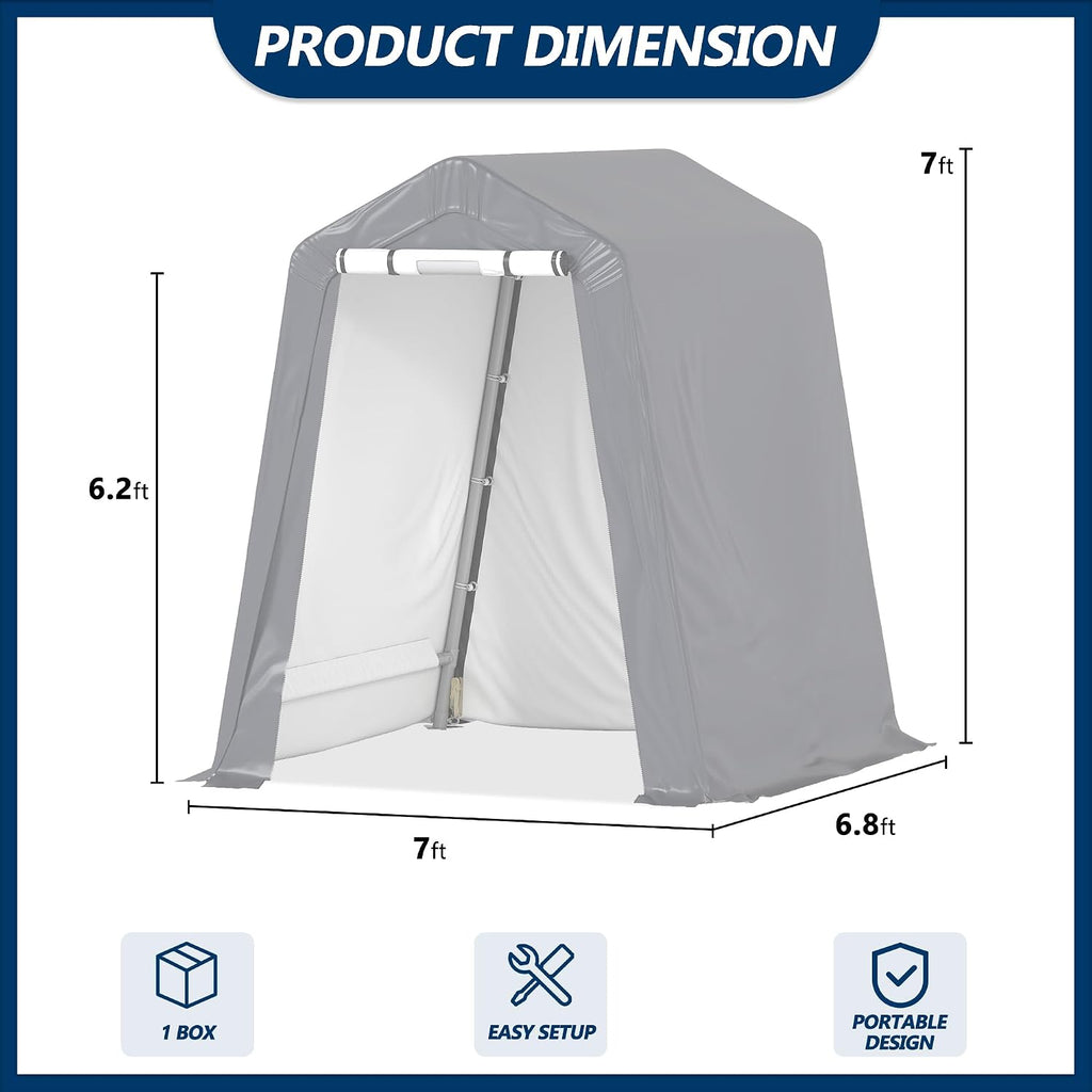 COVERONICS 7' x 12' Outdoor Storage Shed - Heavy Duty Portable Shelter Carport with Ventilation Windows and Roll-up Doors, Storage Shelter Tent for Motorcycle, Bike, Lawnmower and Garden Tools, Grey