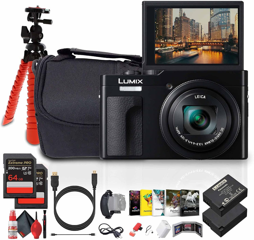 Panasonic TZ99 / ZS99 Point and Shoot Compact Travel Digital Camera(Black) (DC-TZ99) + Photo Software + 2 x 64GB Memory Card + DMW-BLG10 Battery + Camera Bag + Flexible Tripod + USB-C Cable + More
