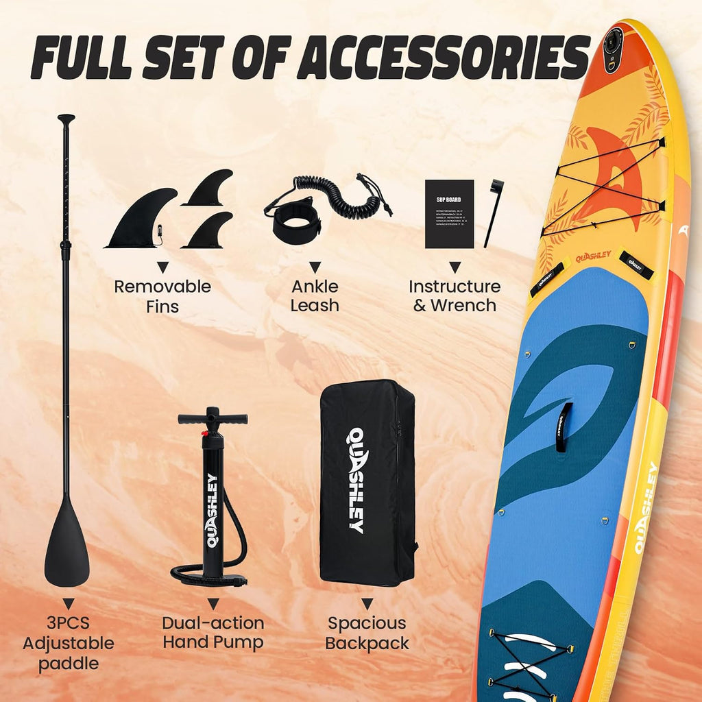 Quashley Inflatable Paddle Board Extra Wide Stand Up Paddleboards 11'×34' with All Premium Paddle Board Accessories,Inflatable SUP for Adults/Family,Beginner-Friendly,Removable Fin,Hand Pump