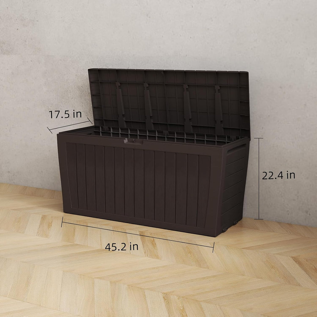 71 Gallon Resin Deck Box，Outdoor Storage Box, Waterproof Lockable Large Storage Bench for Patio Furniture, Pool Accessories & Garden Tools, Brown