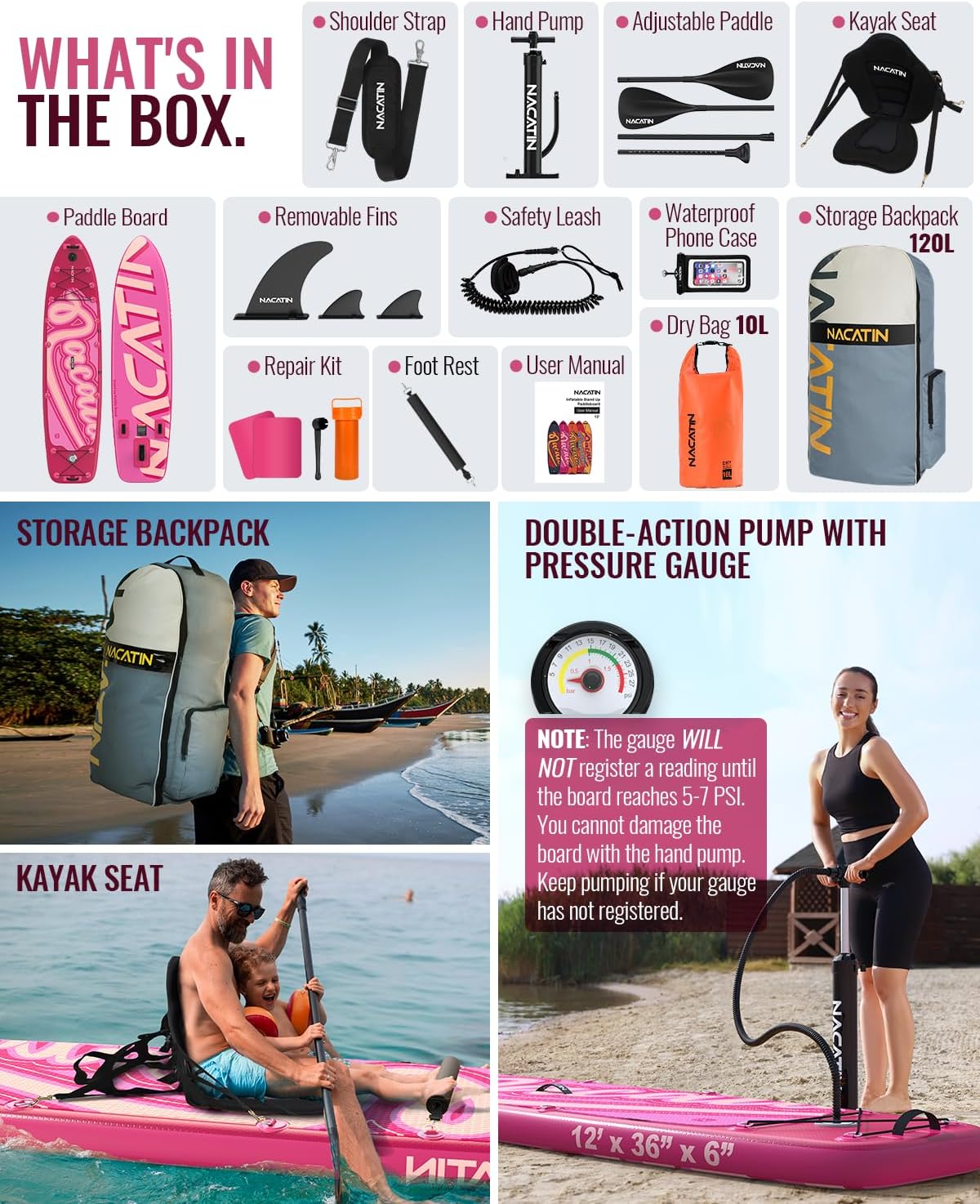 NACATIN 12'/366cm Extra Large Inflatable Stand Up Paddle Board with Seat, Wide 36'/91cm SUP Board for Adults & Family, with Single/Double Paddle, Kayak Seat, Pump, Stable Wide Deck for Beginners