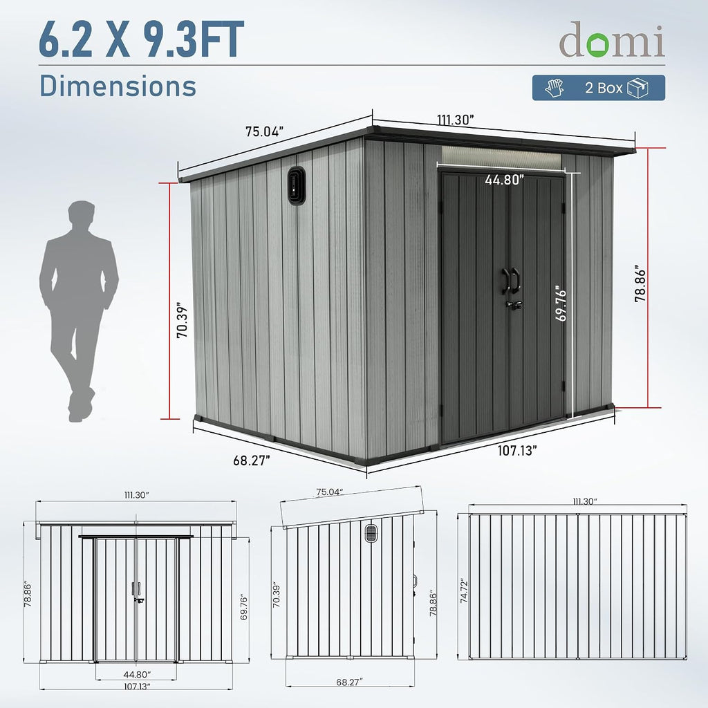 Domi 6.2x9.3 FT Outdoor Resin Storage Shed, All-Weather Double-Wall Storage Building with Sloping Roof for Backyard, Garden, Lawn Tools, Mower, Bike & Pool Equipment, Lockable Doors, Ventilated Roof