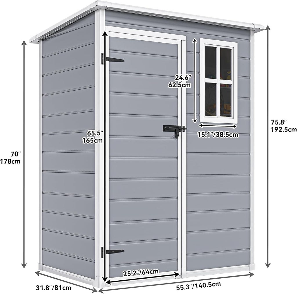 DWVO 5x3ft Resin Outdoor Storage Shed with Floor, Waterproof Lockable Storage Shed with Window, Plastic Outside Tool Storage for Garden, Backyard, Patio, Lawn,Gray
