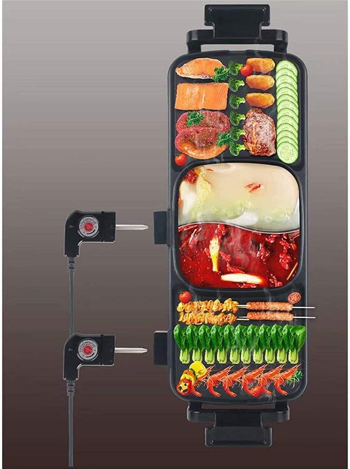 Electric BBQ Grill Indoor Hot Pot 2 in 1 2700W Non-Stick Baking Pan Separate Dual Temperature Control Smokeless Barbecue Machine Suitable for Gatherings