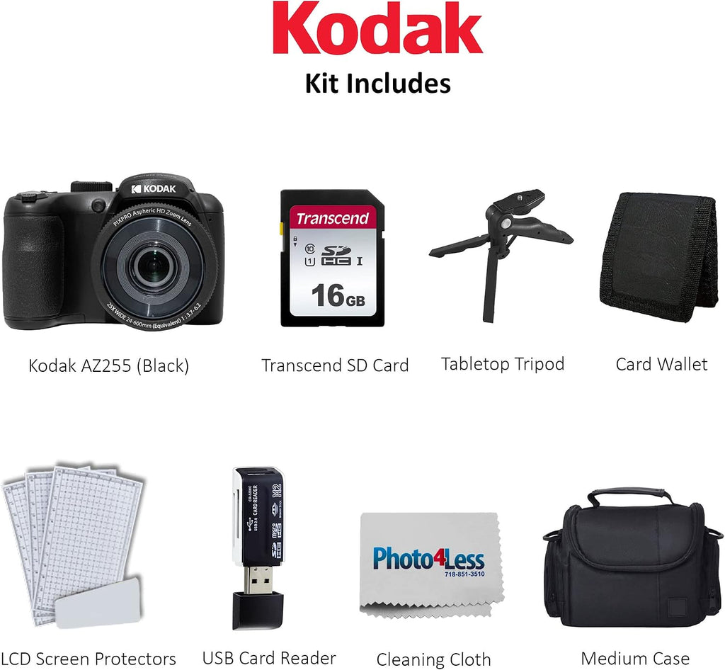 Kodak PIXPRO AZ255 Digital Camera (Black) + Point & Shoot Camera Case + 16GB Memory Card + USB Card Reader + Table Tripod + Accessories
