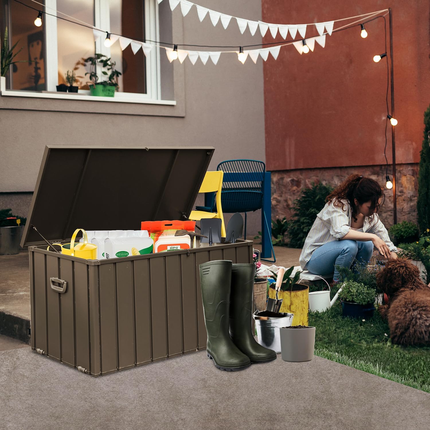 Domi Outdoor Deck Box 100 Gallon, Waterproof Lockable Steel Outdoor Storage Container for Outside Cushions, Garden Tools and Pools Equipment (Dark Brown)
