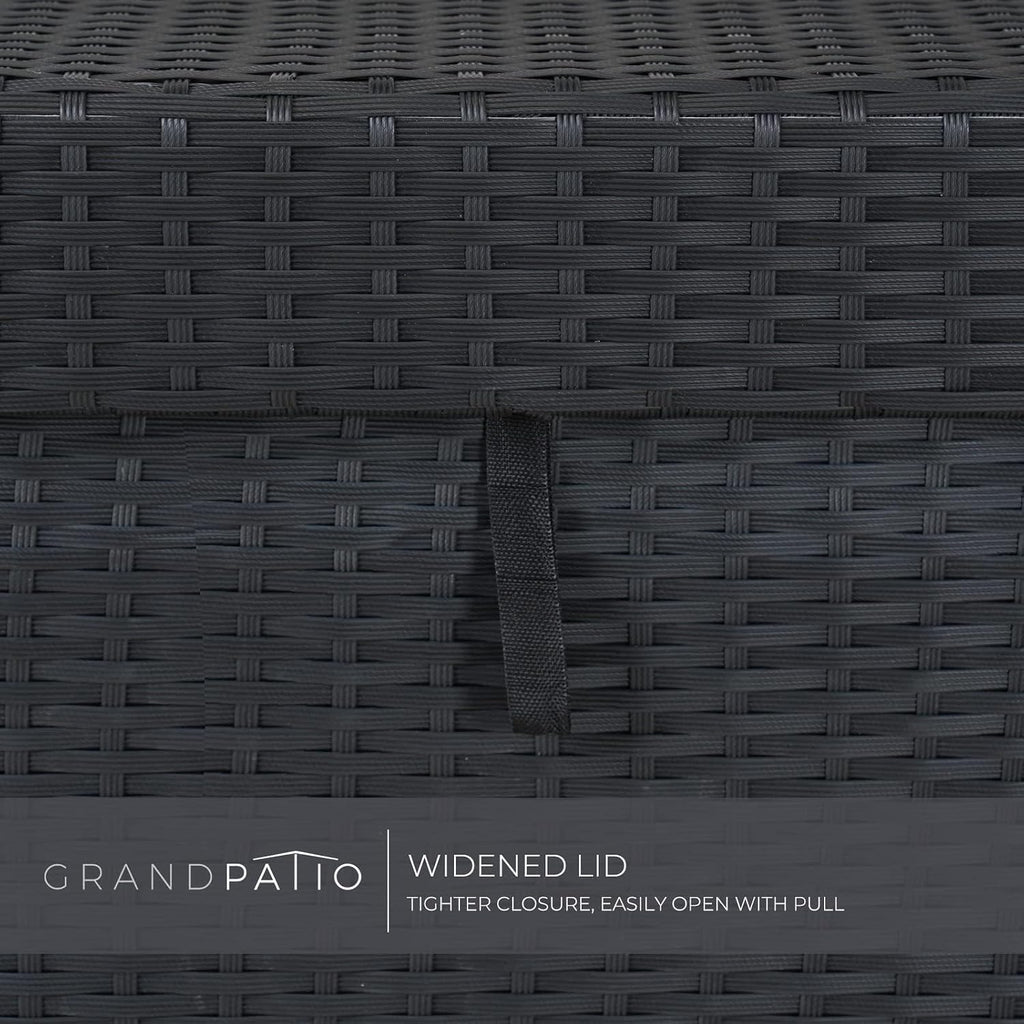 Grand 170 Gallon Deck Storage Bin - Outdoor/Indoor Wicker Storage for Patio Furniture Cushions, Garden Tools, Pool Accessories - Black
