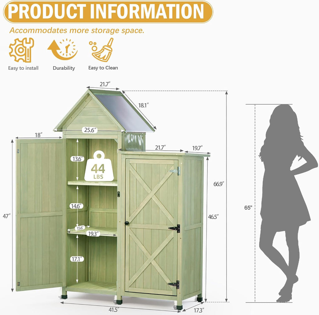 Outdoor Storage Cabinet - Waterproof Metal Roof & Wooden Vertical Design, Tall Garden Tool Shed with Multiple Shelves for Patio, Backyard, Lawn, Yard (Green, 22' x 46' x 67')