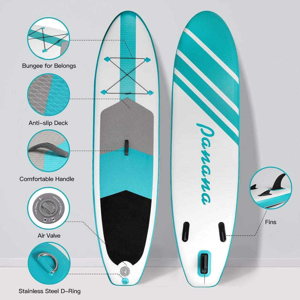 Panana Inflatable Stand Up Paddle Board 10'/10'8''x30''/32''x6'' iSUP Non-Slip Deck Paddleboard for Adults Beginners Youth, with Paddle Pump Fins Leash Backpack