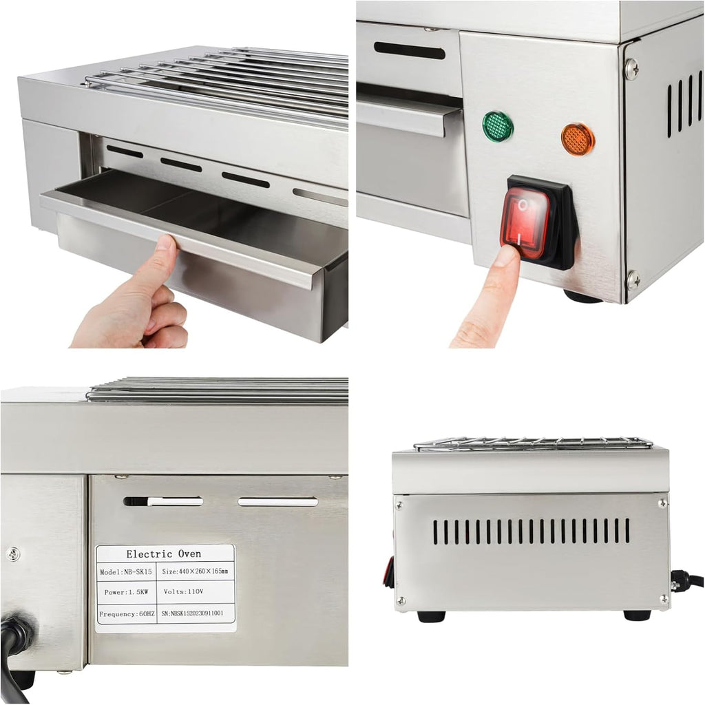 Electric Barbecue Grill, 110V 1500W Indoor Small Korean BBQ Grill with Barbecue Clip&Detachable Grill Mesh&Tray for Home and Commercial Use, Stainless Steel