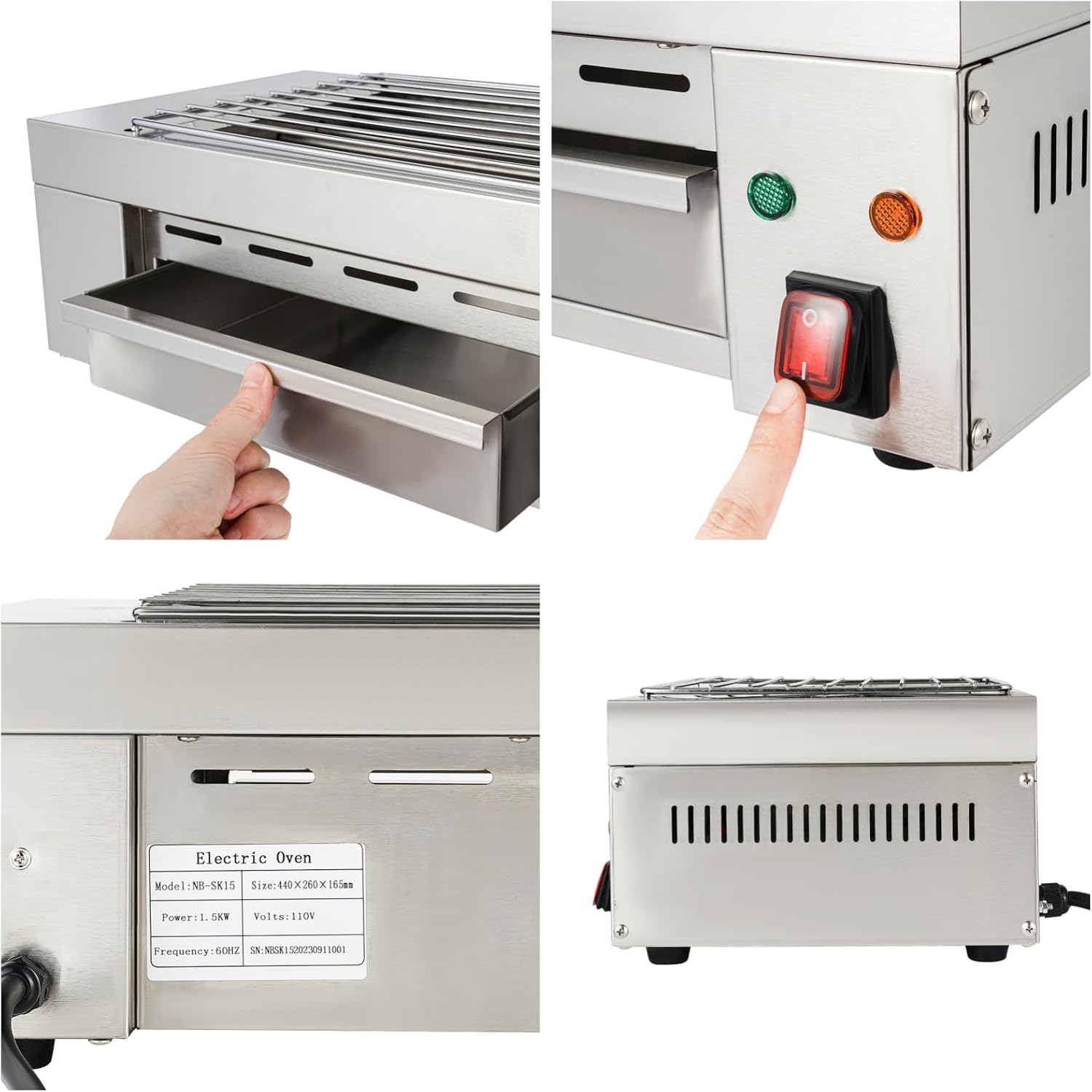 Electric Barbecue Grill, 110V 1500W Indoor Small Korean BBQ Grill with Barbecue Clip&Detachable Grill Mesh&Tray for Home and Commercial Use, Stainless Steel