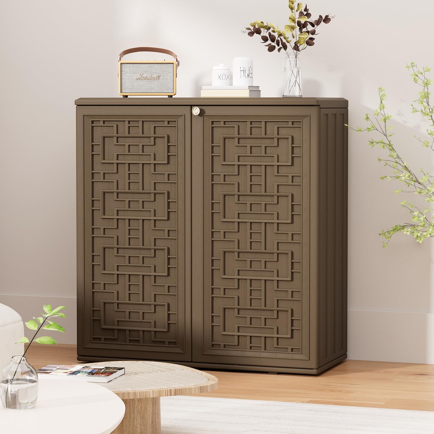 HOMSPARK Indoor/Outdoor Storage Cabinet with Doors and Shelf, 34'x16'x36' HDPE Plastic Storage Box for Patio, Balcony, Multi-Purpose for Tools, Brown