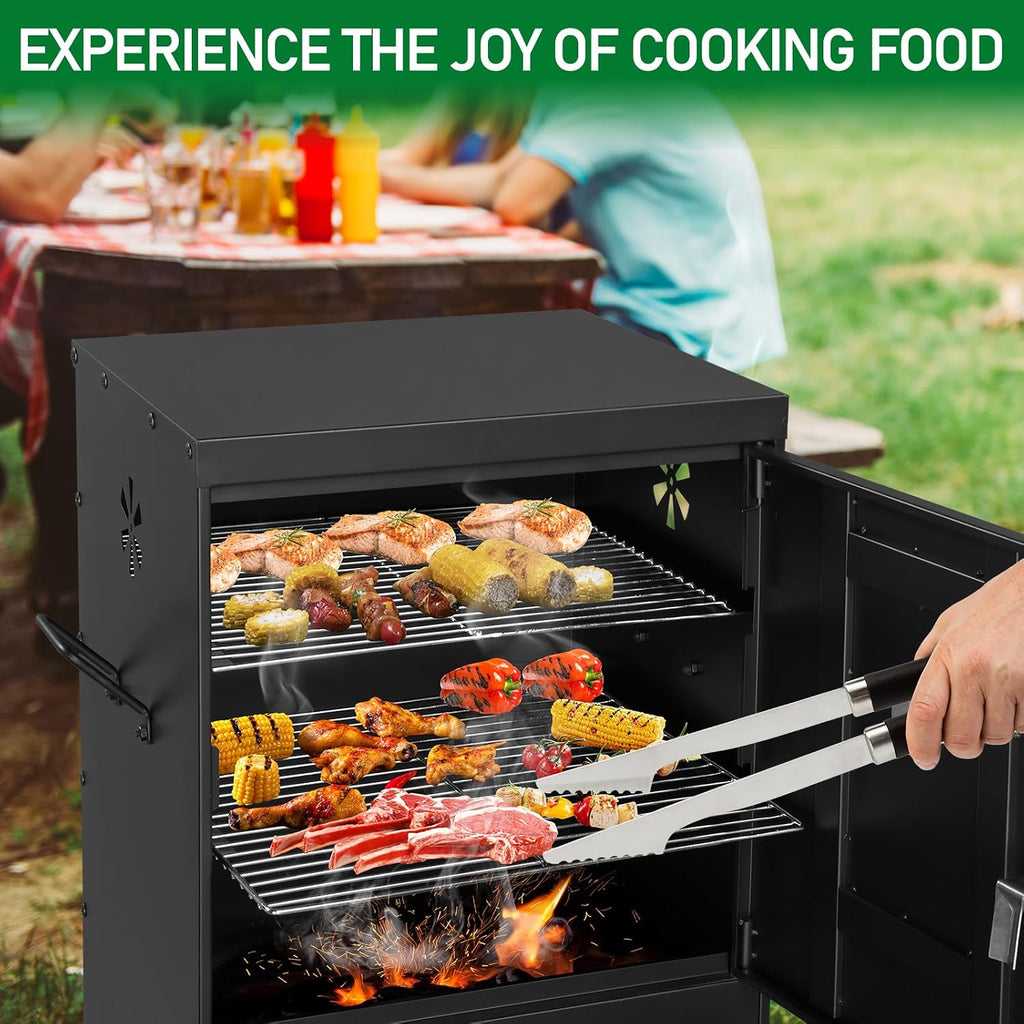 Vertical Charcoal Smoker with Double Doors & 2 Detachable Grill Racks – Outdoor BBQ Smoker Oven with Adjustable Air Vents, Thermometer & Water Pan – Heavy-Duty Camping/Backyard Grill (40.5x39x
