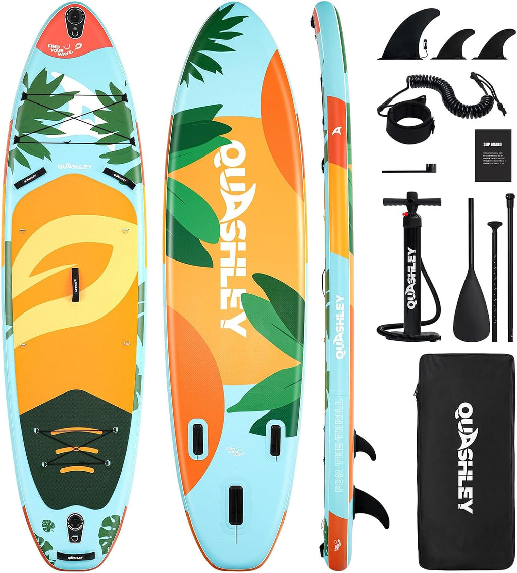 Quashley Inflatable Paddle Board Extra Wide Stand Up Paddleboards 11'×34' with All Premium Paddle Board Accessories,Inflatable SUP for Adults/Family,Beginner-Friendly,Removable Fin,Hand Pump