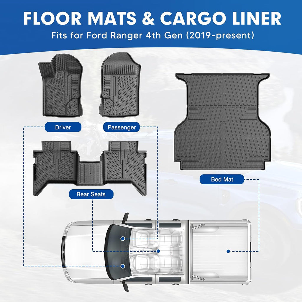 Mixsuper Floor Mats Cargo Liner for 2019-2023 Ford Ranger SuperCrew Cab, All Weather 2 Row Floor Liners and Trunk Mat Set Black
