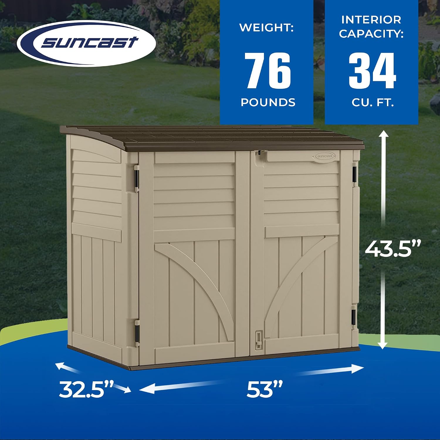 Suncast Horizontal Shed, Compact Outdoor Storage System, 34 Cu. Ft. Capacity, Sand & Slate - Lockable Multi-Wall Resin Organizer for Garbage Cans, Garden Tools, Bins, Bikes and Yard Equipment