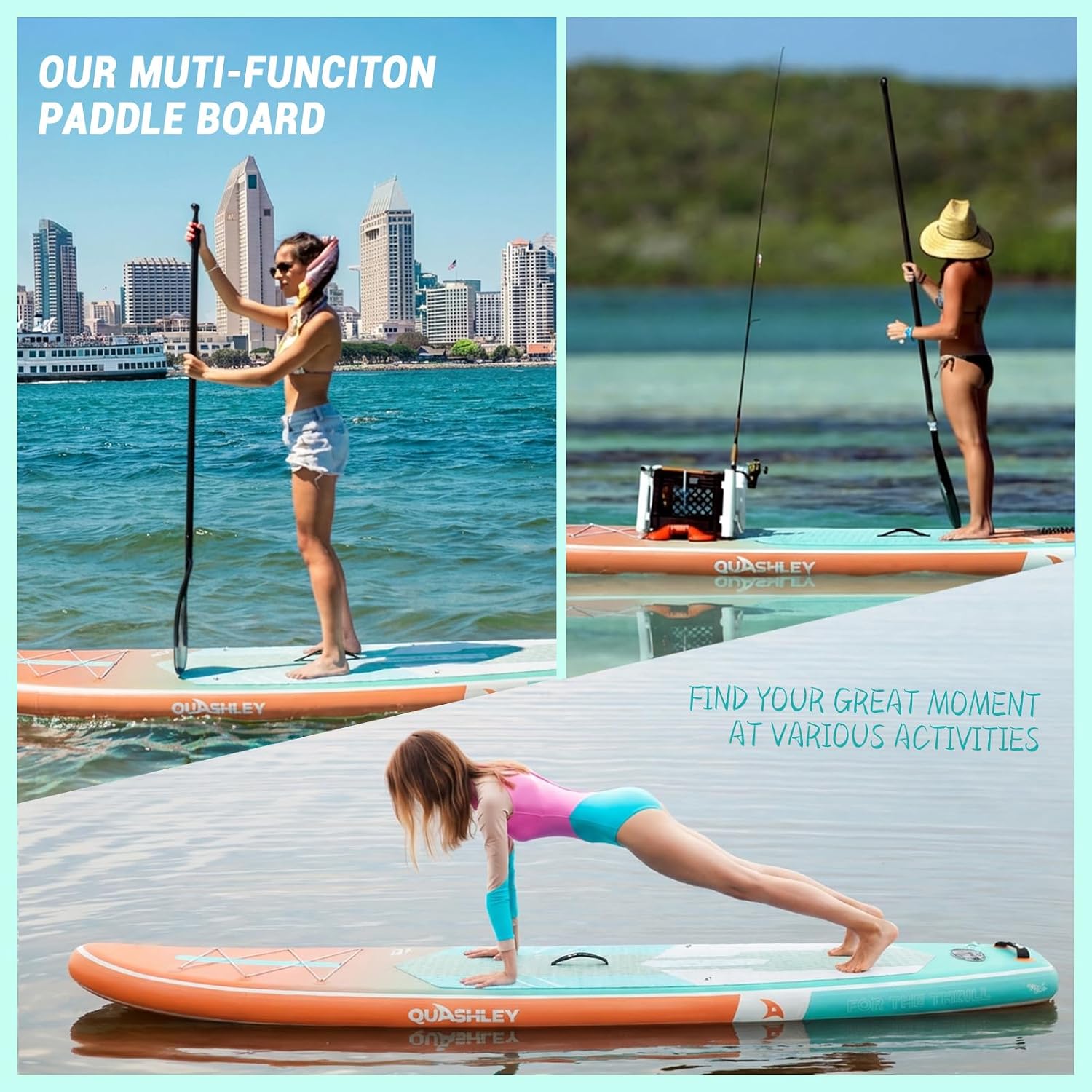 Quashley Inflatable Stand Up Paddle Board,Inflatable Paddleboards 32/34 Inch Wide,All Around SUP for Beginners with Lightweight Paddle,Hand Pump,Backpack,Leash,Durable & Portable iSUP Board
