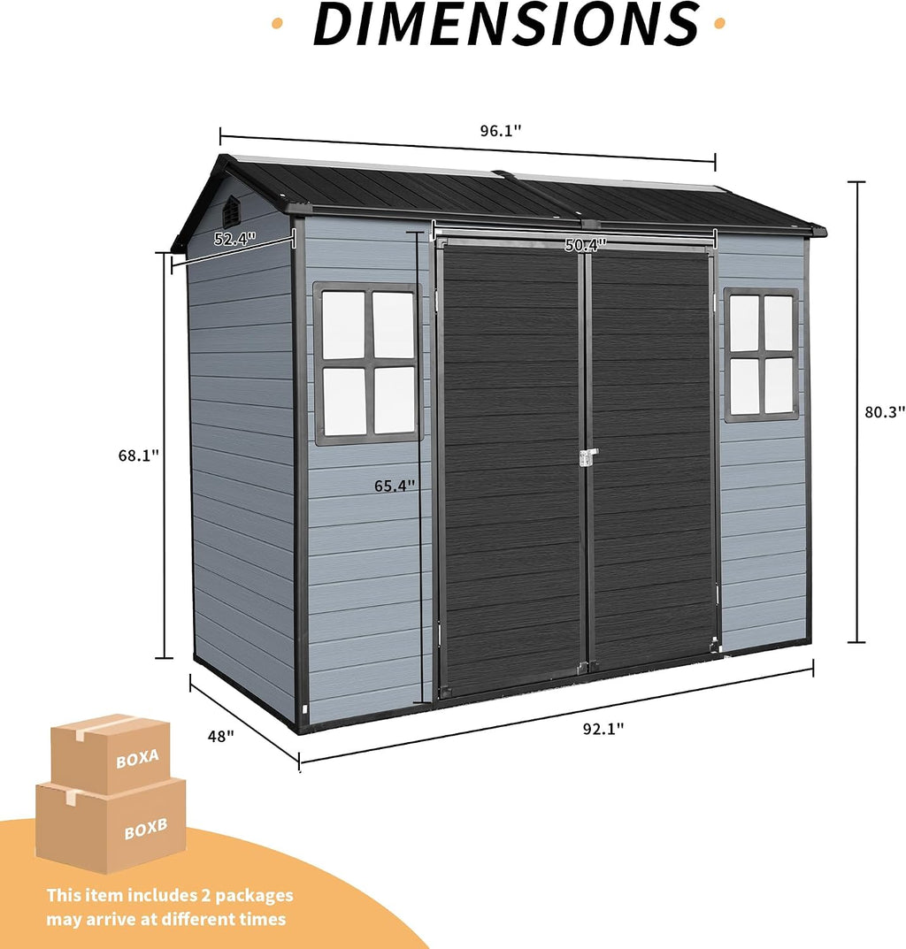 KEIKI 8X4 FT Outdoor Resin Garden Shed with Floor and 2 Windows, Plastic Patio Outdoor Storage Shed with Lockable Door for Garden Tools, Bicycles, Trash Cans, Gray+Black