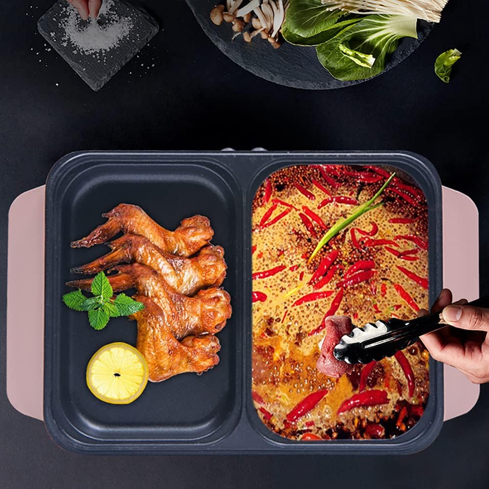 Hot Pot Electric with Grill, 2 in1 Indoor Non-Stick Shabu Shabu Pot & Frying Pan, Portable Mini Hot Pot Korean BBQ w/Individual Dual Temperature Control, 1-3 People