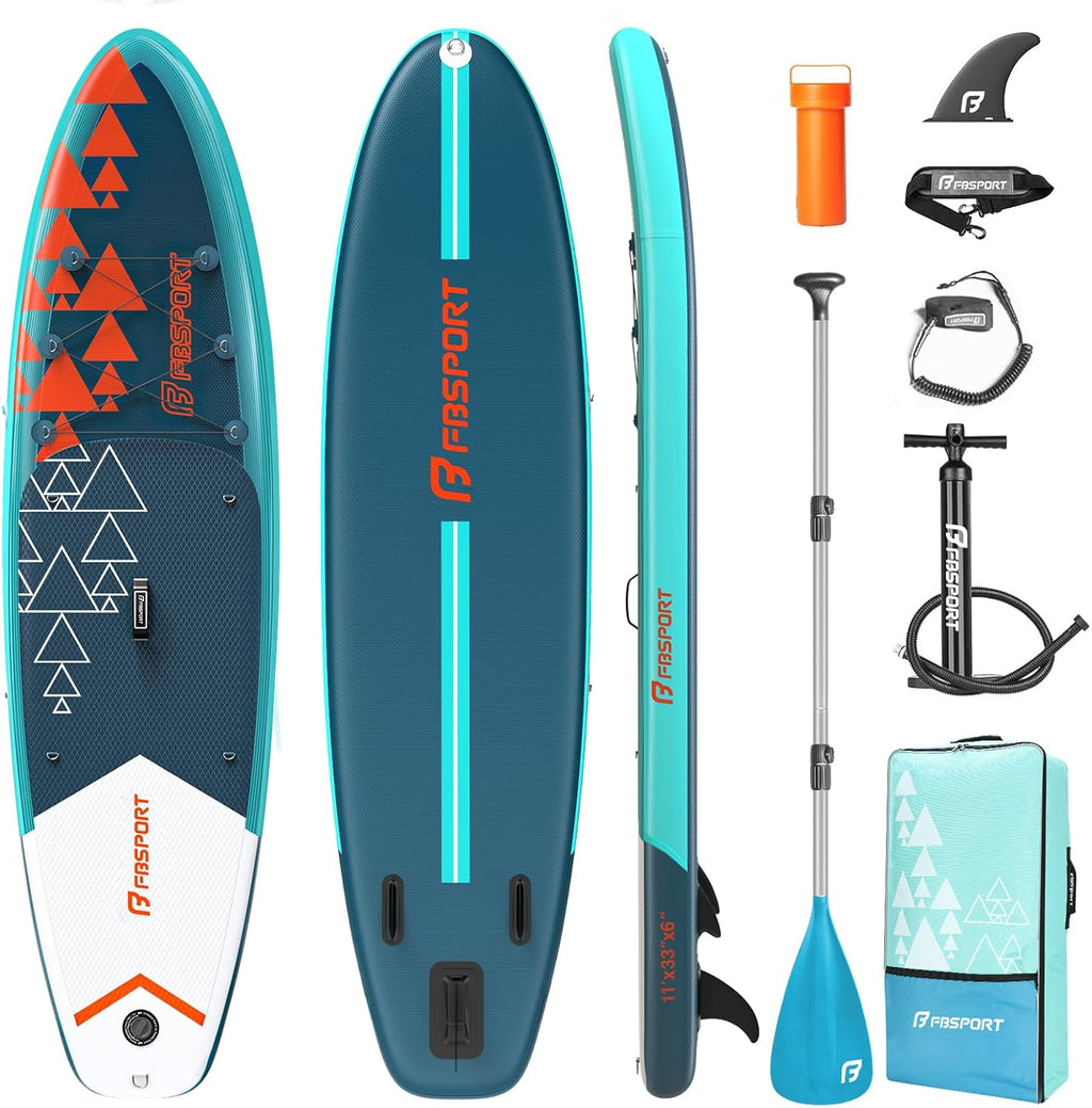 FBSPORT 11' Premium Stand Up Paddle Board, Yoga Board with SUP Accessories & Carry Bag | Wide Stance, Surf Control, Non-Slip Deck, Leash, Paddle and Pump for Youth & Adult