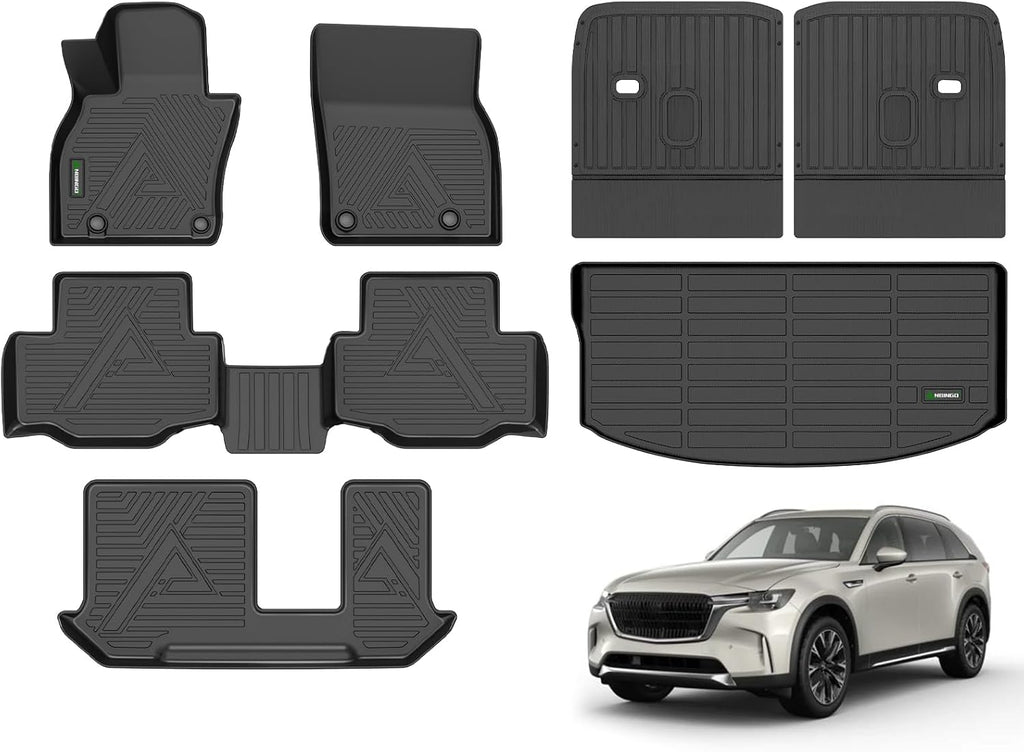ANBINGO® Floor Mats & SeatBack Cargo Liner for CX90 2024 2025 2026/7 Passenger / 2nd Row with Bench Seat / (50/50 Velcro Tape Fixed Backmats) TPE 3 Rows Waterproof CX-90 Car Mat