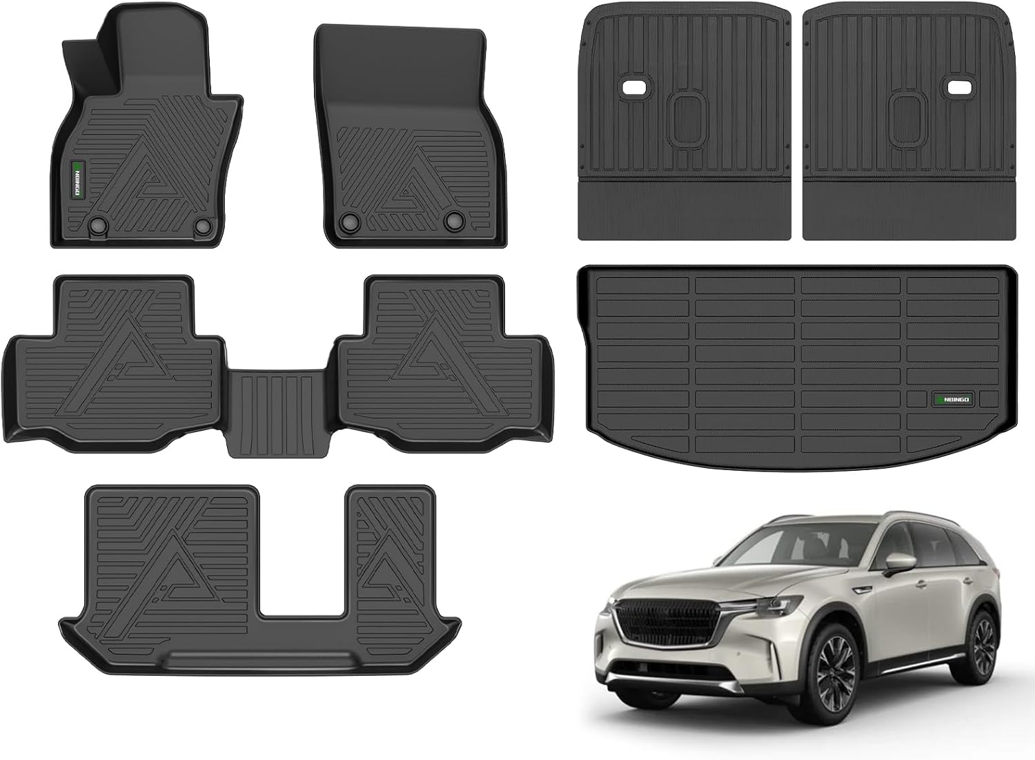 ANBINGO® Floor Mats & SeatBack Cargo Liner for CX90 2024 2025 2026/7 Passenger / 2nd Row with Bench Seat / (50/50 Velcro Tape Fixed Backmats) TPE 3 Rows Waterproof CX-90 Car Mat