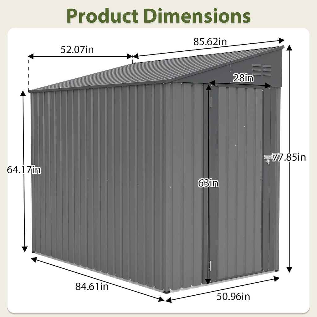 YOPTO 4×7 FT Outdoor Metal Storage Shed,Heavy-Duty Lean to Storage Shed with Lockable Door and Reinforced Beams,All Weather Waterproof Storage House W/2 Air Vents,for Backyard,Patio,Lawn,Gray