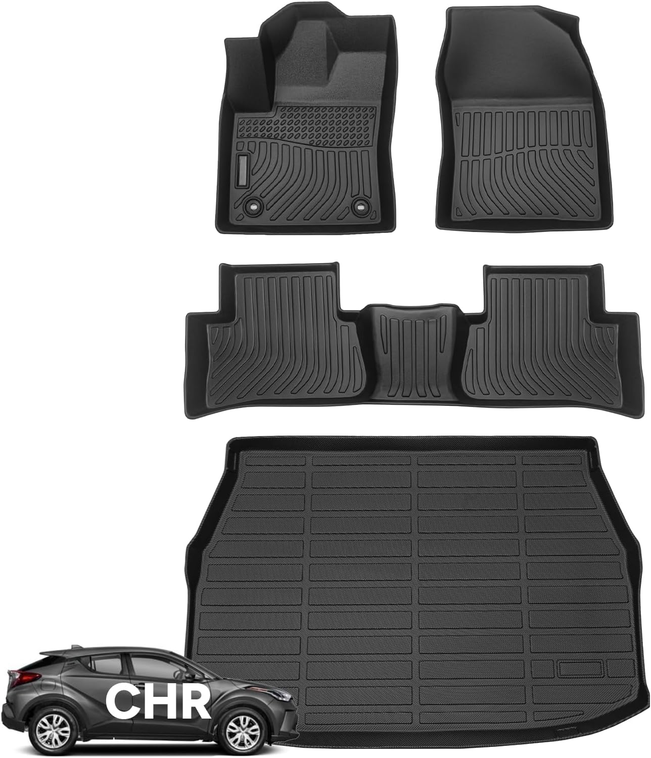 Wayhigh® Floor Mats & Cargo Liner for Toyota CHR/C-HR 2018-2022 All Weather TPE Car Mats Waterproof Heavy Duty Floor Liners Custom Fit for C-HR Accessories- Black
