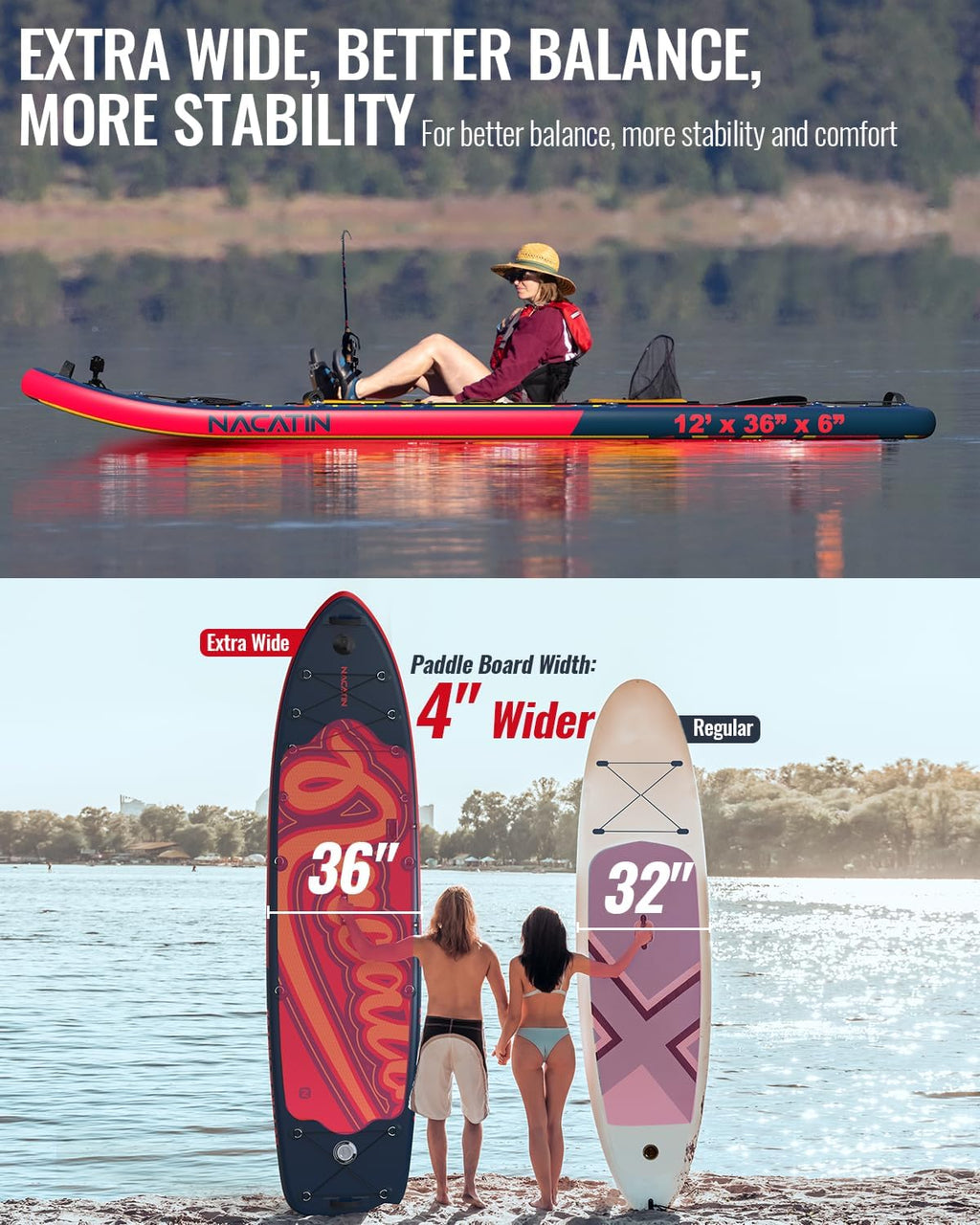 NACATIN 12'/366cm Extra Large Inflatable Stand Up Paddle Board with Seat, Wide 36'/91cm SUP Board for Adults & Family, with Single/Double Paddle, Kayak Seat, Pump, Stable Wide Deck for Beginners
