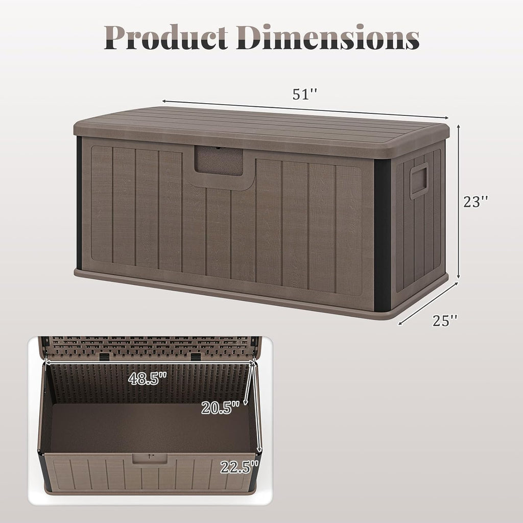 HAPPYGRILL Outdoor Storage Deck Box with Lockable Design & Gas Strut, Handle, 100 Gallon HDPE Patio Storage Organizer for Lawn Backyard Poolside (Brown)