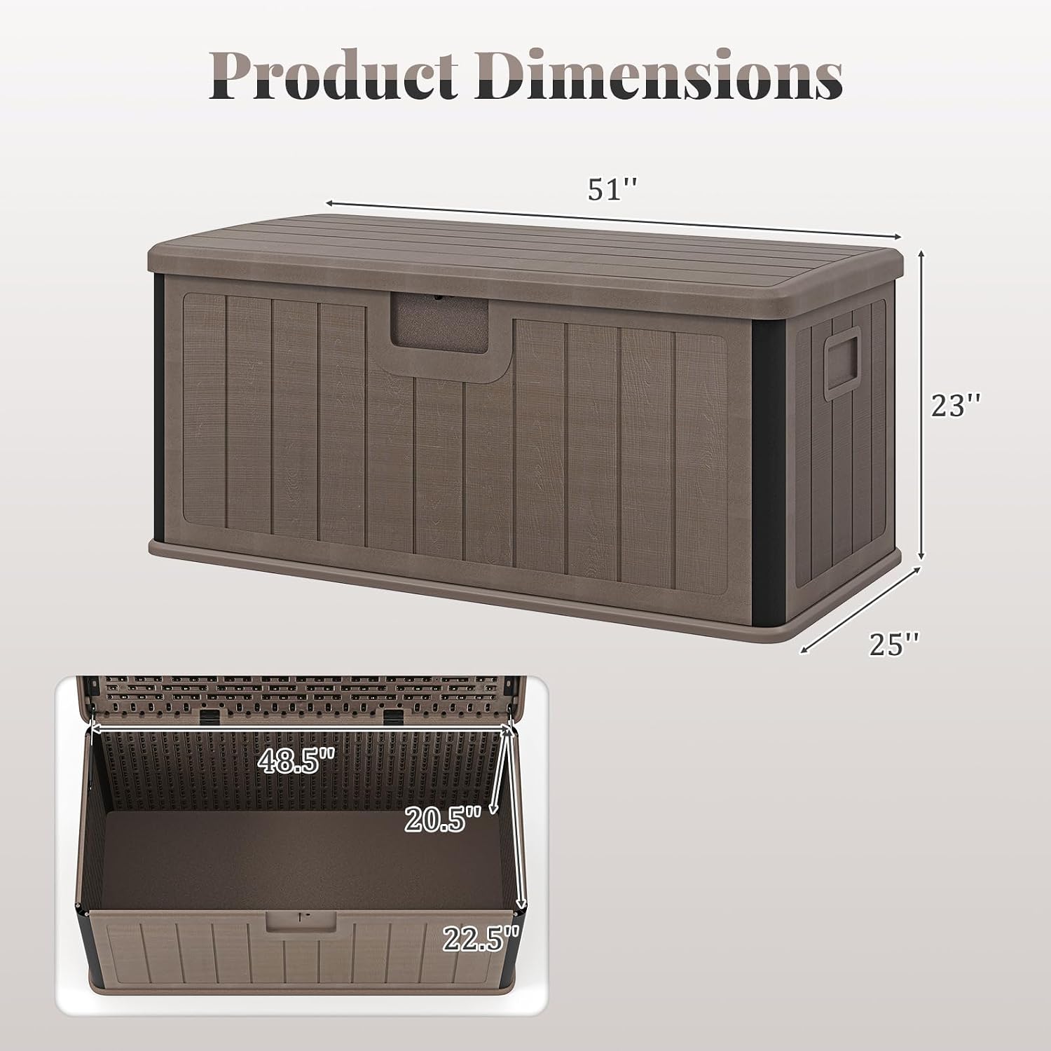 HAPPYGRILL Outdoor Storage Deck Box with Lockable Design & Gas Strut, Handle, 100 Gallon HDPE Patio Storage Organizer for Lawn Backyard Poolside (Brown)