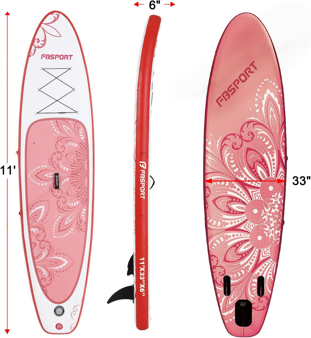FBSPORT 11' Premium Stand Up Paddle Board, Yoga Board with SUP Accessories & Carry Bag | Wide Stance, Surf Control, Non-Slip Deck, Leash, Paddle and Pump for Youth & Adult