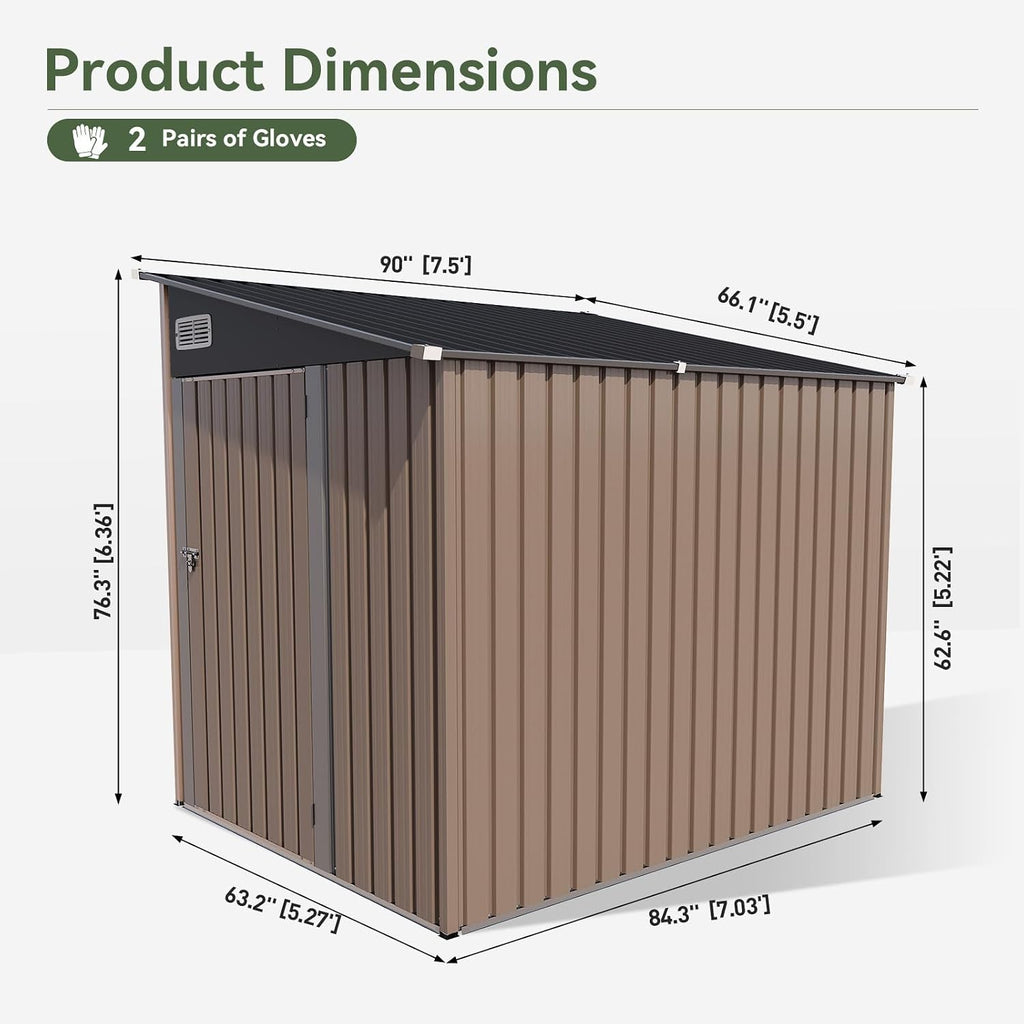 7'x5.5' Lean to Shed Large Storage Room Galvanized Steel Storage Sheds with Side Door Waterproof Utility Shed with Sloped Roof for Mower, Bike, Garden Tools (Brown)