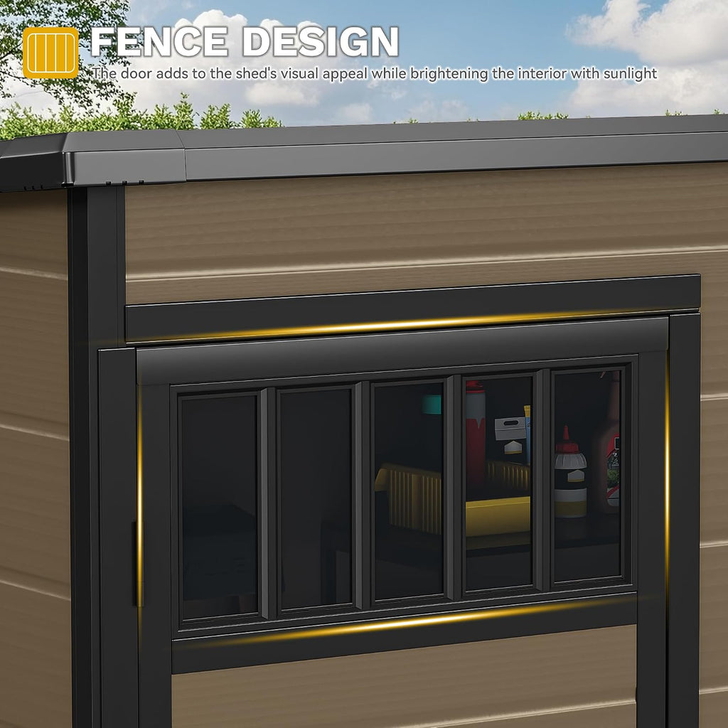 DWVO 5x3FT Outdoor Storage Shed, All-Weather Resin Plastic Storage Shed with Windows, Slanted Roof, Raised Floor, 65 cu.ft Capacity for Garden Tools & Equipment, Ideal for Backyard & Garden, Brown
