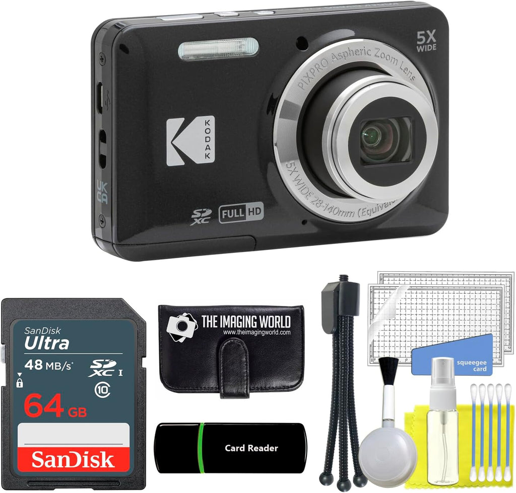 Kodak PIXPRO FZ55 Black 16MP Digital Camera 5X Optical Zoom 28mm Wide Angle 1080P Full HD Video 2.7' LCD Camera + 64GB Card and Reader + Memory Wallet + Tripod + Cleaning Bundle