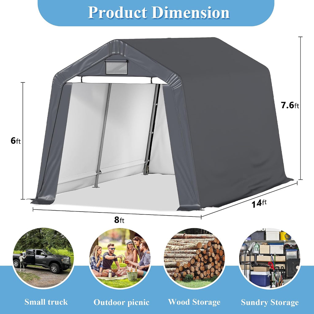 8x14 Ft Outdoor Storage Shelter, Heavy Duty Waterproof Portable Shed with Roll-up Zipper Door and Ventilated Windows for Motorcycle, Bike, Tools