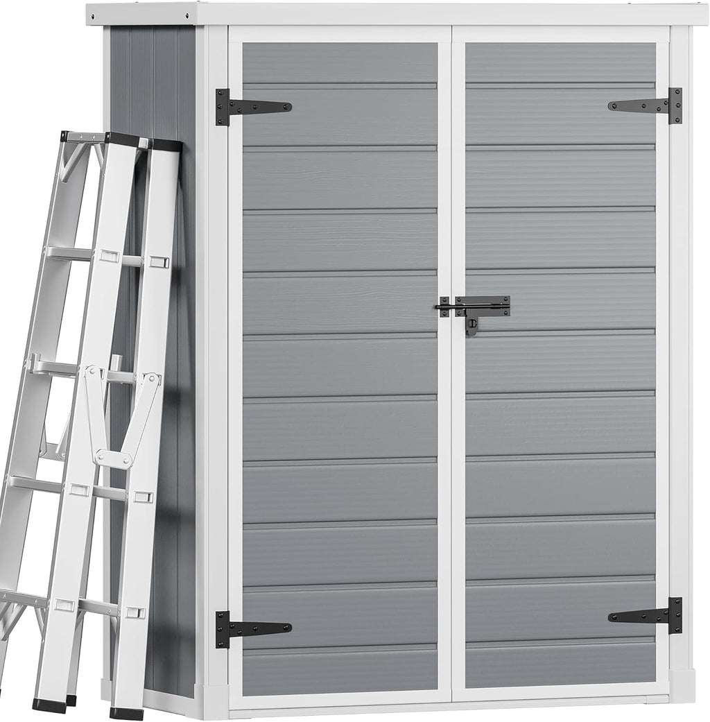 DWVO Outdoor Tall Storage Shed 50 Cuft with 2 Shelves, 4.3x2x5.5ft Vertical Tool Shed with Floor & Lockable Doors, Sturdy Double-Wall Plastic Cabinet for Garbage Cans and Garden Equipment