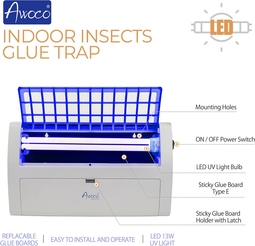 Awoco LED 13W 100V-240V Wall Mount Sticky Fly Trap Lamp XL 78' Extra Long Power Cord for Capturing Flies, Mosquitoes, Moths and Flying Insects (Fly Trap XL + 6 Glue Boards)