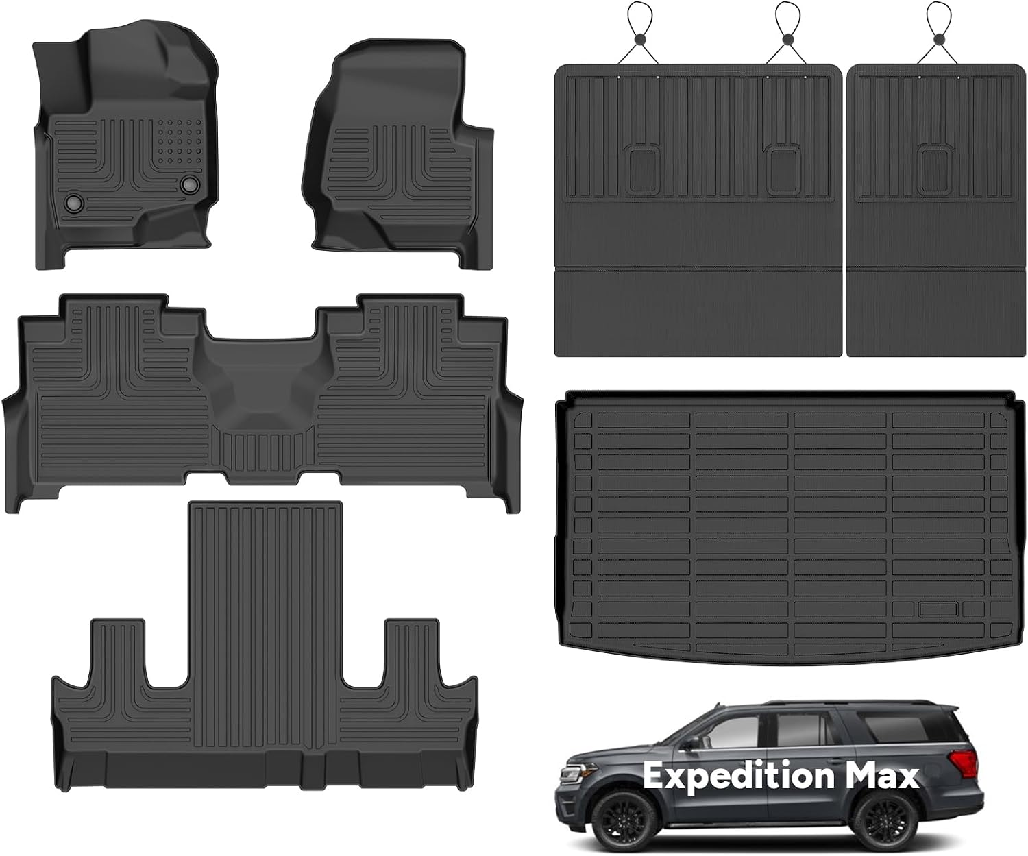 Wayhigh® All Weather Floor Mats and Cargo Mat Set for Ford Expedition Max 7 Seats 2021-2024 TPE Car Mats with Backrest Mat Waterproof Heavy Duty Floor Liners for Expedition Max Accessories