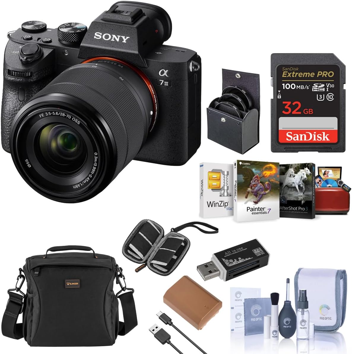 Sony Alpha a7 III Mirrorless Digital Camera with FE 28-70mm Lens - Bundle, Shoulder Bag, 64GB SD Card, Card Reader, SD Card Case, PC & Mac Software Kit, Extra Battery, 55mm Filter Kit