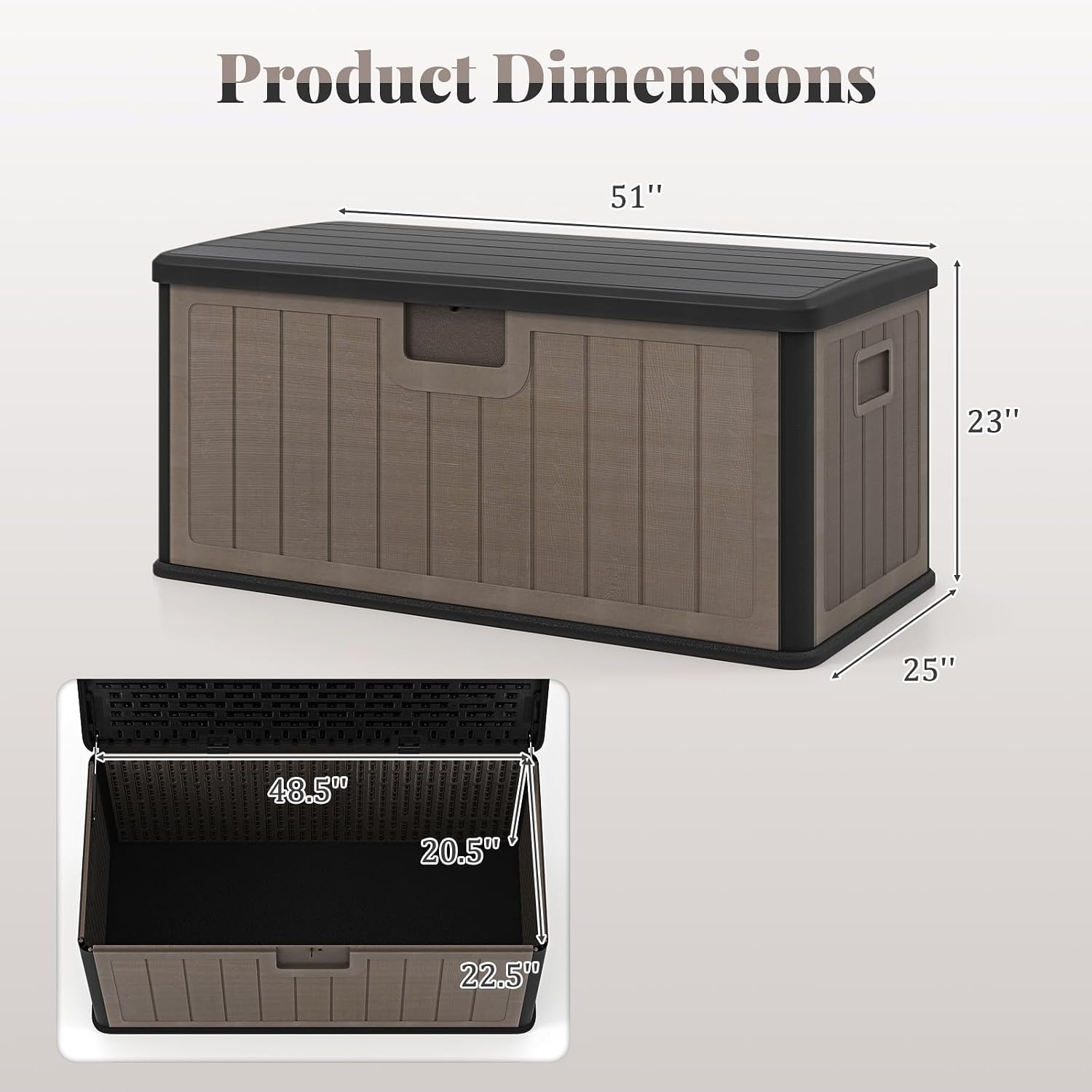 HAPPYGRILL Outdoor Storage Deck Box with Lockable Design & Gas Strut, Handle, 100 Gallon HDPE Patio Storage Organizer for Lawn Backyard Poolside (Black Brown)