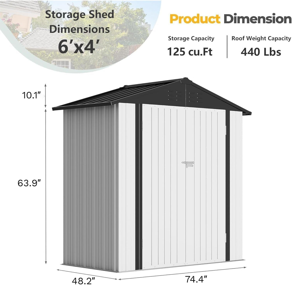 Furniwell 6x4 FT Outdoor Storage Shed, Metal Garden Sheds Outdoor Storage House with Single Lockable Door for Backyard Patio Lawn, White