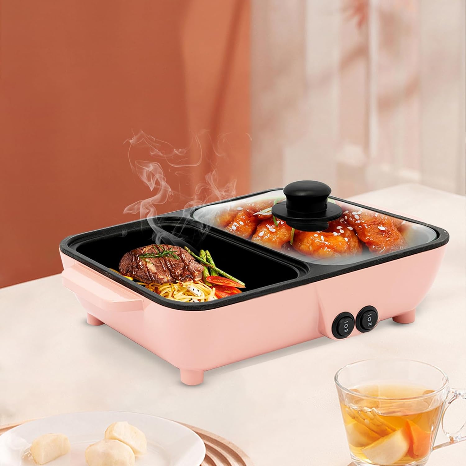 Hot Pot Electric Grill 2 in 1 Indoor Non-Stick Smokeless Grill with Dual Temperature Control, Portable Multifunctional for Korean BBQ, Serves 1-4 People