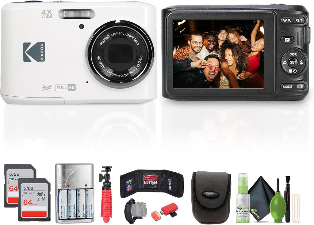 Kodak Pixpro FZ45 Digital Camera (White) Bundle Including: 2X 64 GB Memory Card, Rechargeable Batteries, Camera Case, Flexible Tripod, Card Reader, Card Wallet, Hand Strap, Full Cleaning Kit