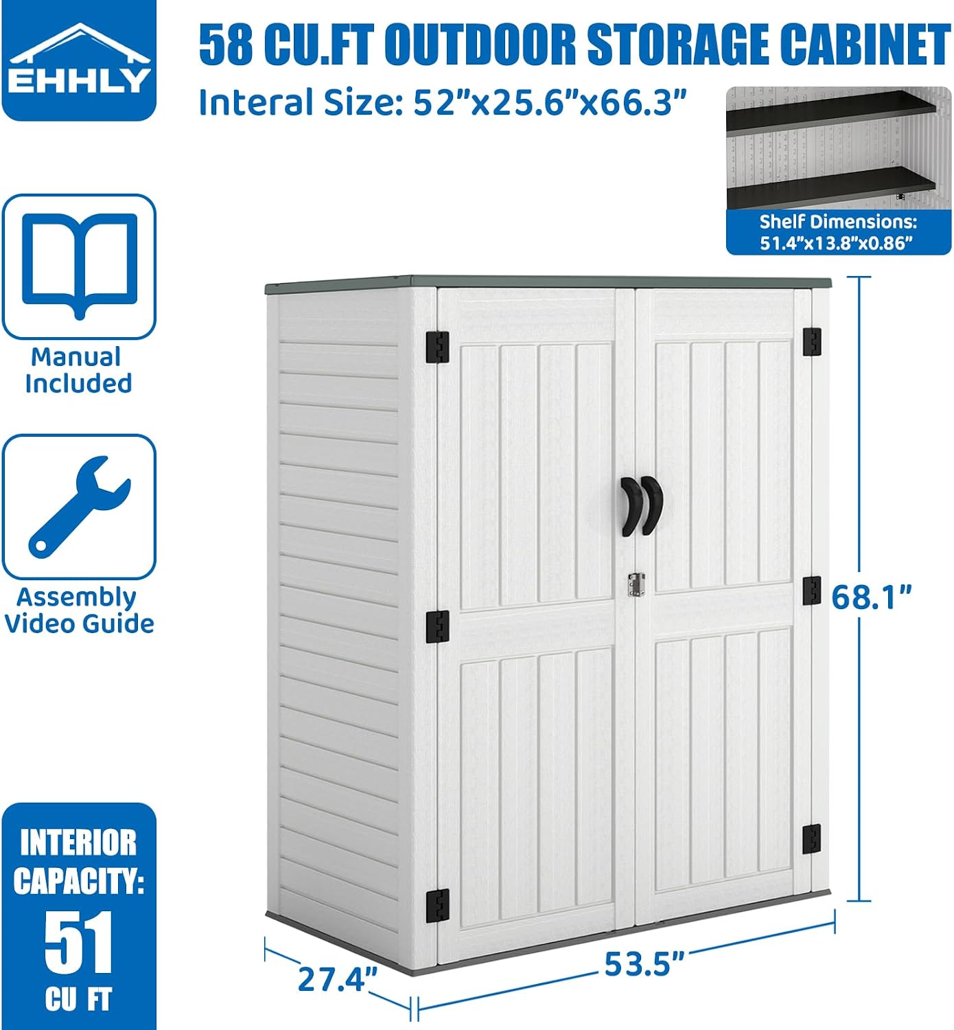 EHHLY Vertical Resin Storage Shed with 2 Shelves, 60 Cuft Garden Tool Sheds & Outdoor Storage, Plastic Outdoor Storage Cabinet Waterproof, 4.5 x 2.3 ft Outside Lawn Mower Storage Shed, Light Grey